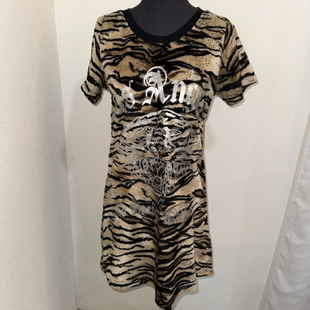 Ed Hardy Vintage faux Fur Tiger Dress Brown Size L Short Sleeve